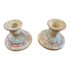 Whimsical Pair of McKenzie-Childs Ceramic Candlesticks