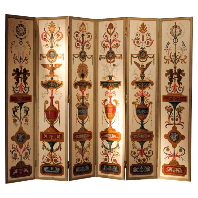 19th Century Italian Six-Panel Painted Wood Folding Screen in Gilt Bronze Frame For Sale - Image 16 of 16