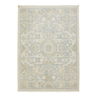 Modern Geometric Khotan Style Hand-Knotted Wool Area Rug - Muted Sage & Sand For Sale
