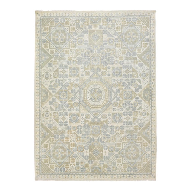Modern Geometric Khotan Style Hand-Knotted Wool Area Rug - Muted Sage & Sand For Sale