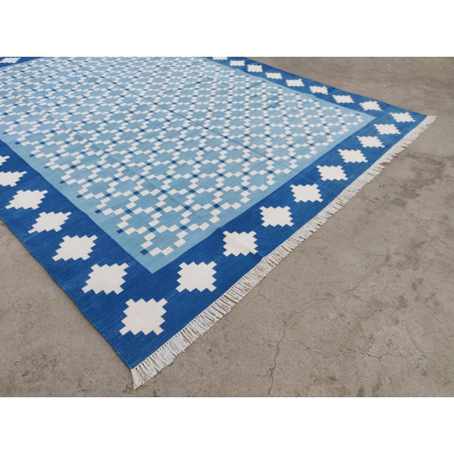 Cotton Handmade Vegetable Dyed Blue and White Star Rug - 8x10 For Sale - Image 6 of 11