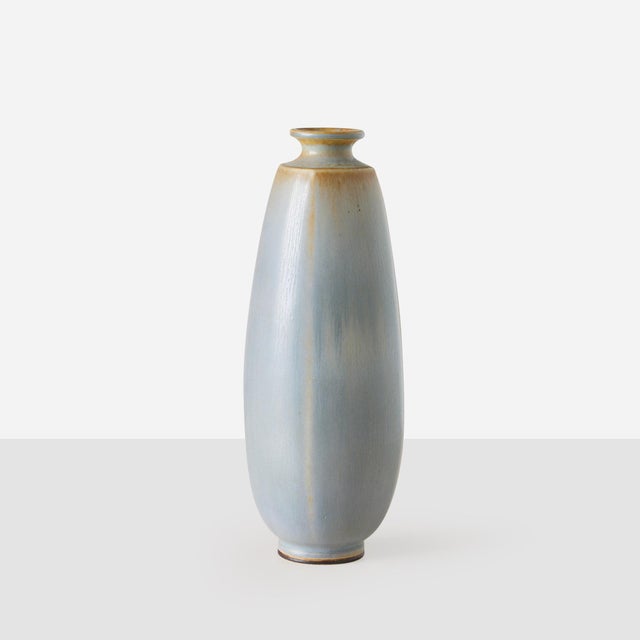 Description Pale Blue and Grey Stoneware Vase by Berndt Friberg Sweden, 1963 This wheel-thrown stoneware vase by Berndt...