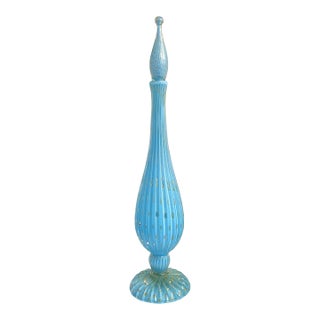 Vintage Murano Barbini Sky Blue Gold Flecks Bubbles Italian Art Glass 1950s Mid Century Bottle Decanter For Sale