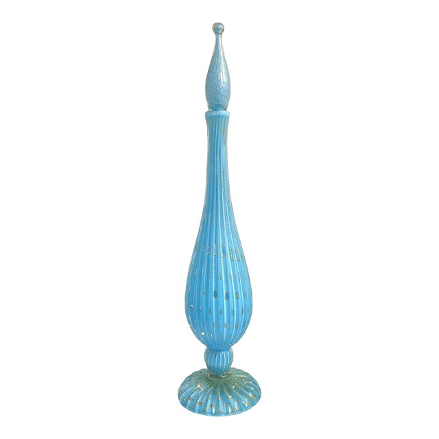 Vintage Murano Barbini Sky Blue Gold Flecks Bubbles Italian Art Glass 1950s Mid Century Bottle Decanter For Sale