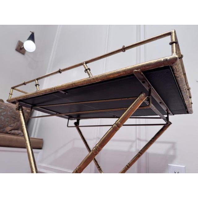 Vintage Hollywood Regency Faux Bamboo Gold Finish Mirror Collapsible Tray Table For Sale - Image 12 of 12