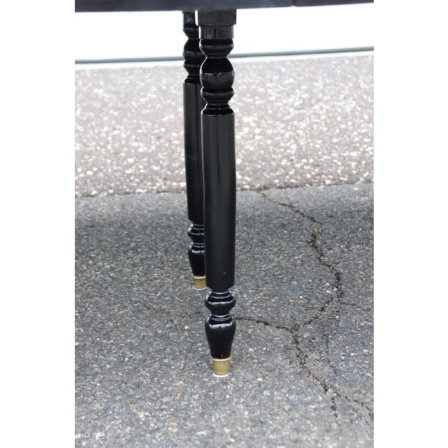 1960s Signed Maison Jansen Ebonized Black Lacquer Dining Table Brass Trim W 2 Leaves For Sale - Image 5 of 10