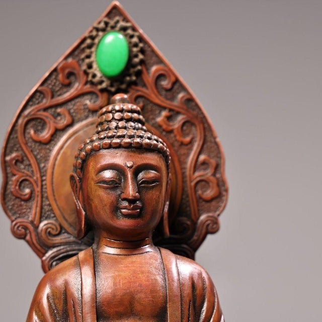Copper Shakyamuni Buddha Statue With Inlaid Gemstone For Sale - Image 10 of 10