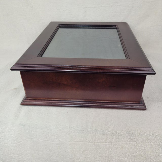 Wood Vintage 1994 Bombay Company Mahogony Wood Glass Top Display Shadow Box Green Velvet Interior For Sale - Image 7 of 14