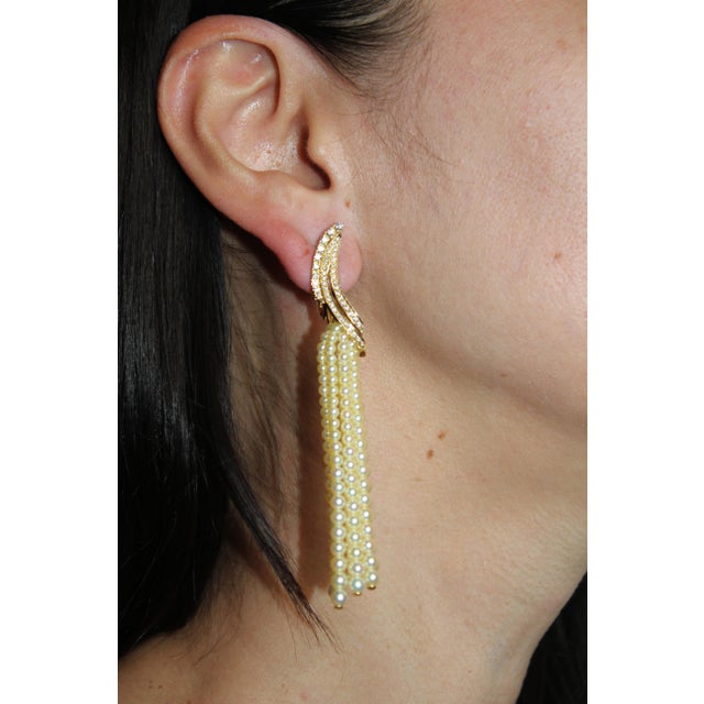 Metal Golden White Akoya Pearl Gold Luxury Elegant Grape Cascade Wave Diamond Earrings, A Pair For Sale - Image 7 of 9