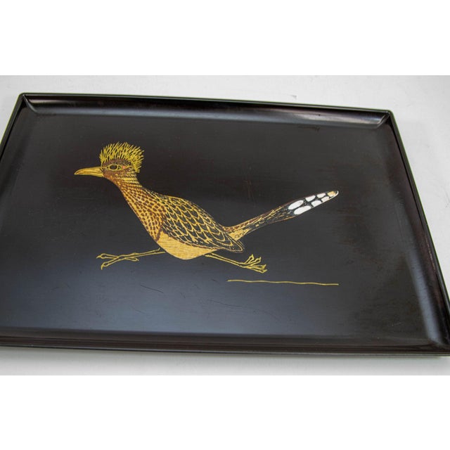 Black Couroc Roadrunner Bird Design Barware Vintage Serving Tray Circa 1960 For Sale - Image 8 of 12