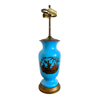 Mid 20th Century Chinoiserie Blue Opaline Hand Painted With Brass Lamp For Sale