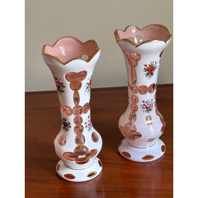 Pair of Antique Bohemian White & Pink Cased Art Glass Vases With Hand-Painted Floral Decoration For Sale - Image 4 of 12