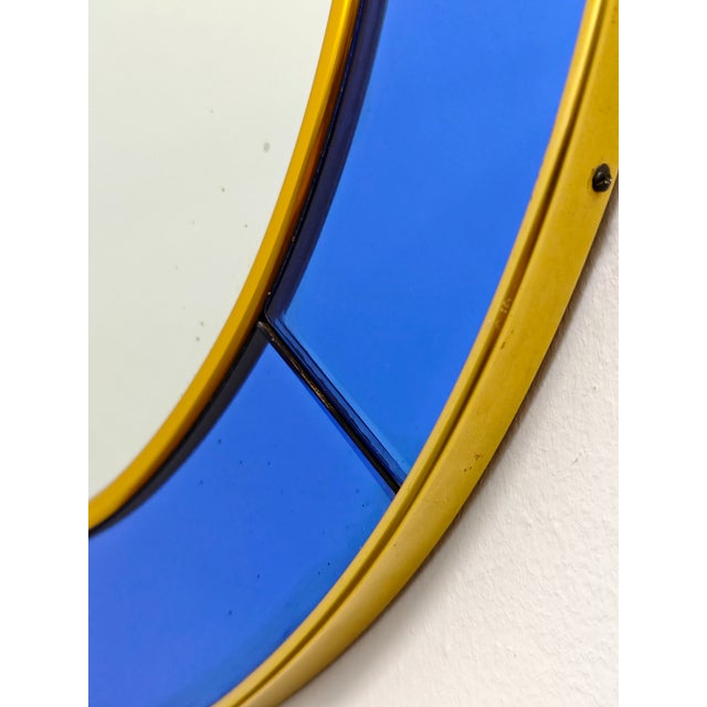 Vintage Circular Wall Mirror in Cobalt Blue Glass and Brass from Cristal Art, 1950s For Sale - Image 4 of 12