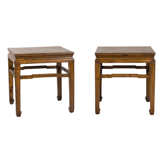 Pair of Vintage Chinese Hardwood Side Tables with Humpback Stretchers For Sale