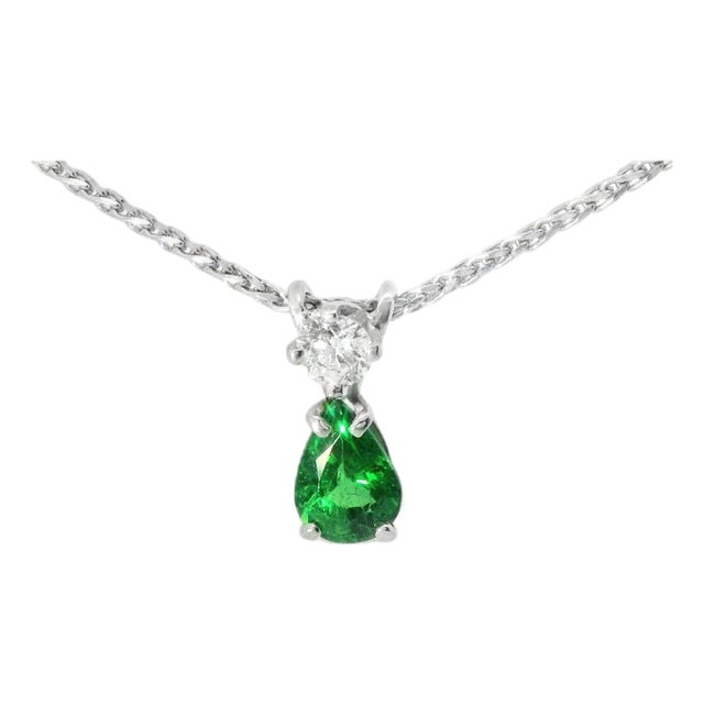Mid 20th Century 14k White Gold Pear Emerald Diamond Drop Pendant Necklace Estate For Sale