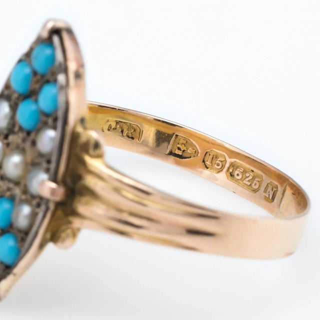 Victorian circa 1896 Seed Pearl Turquoise Ring Vintage 15 Karat Yellow Gold size 9 For Sale In Los Angeles - Image 6 of 6