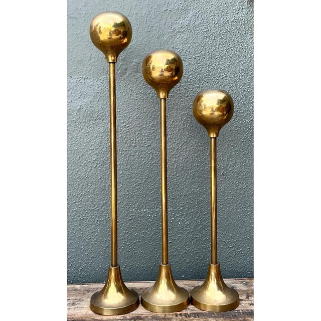 Mid 20th Century Vintage Brass Candle Holders - Set of Three For Sale - Image 5 of 12