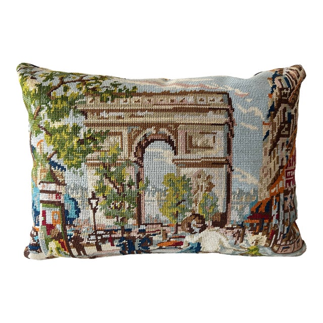 Vintage Needlepoint “L'Arc De Triomphe” Handmade Pillow With Leopard Print Posterior For Sale
