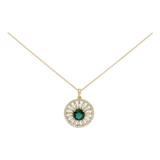 14K Yellow Gold Plated Sterling Silver Lab Grown Emerald and Diamond Sunburst Medallion Pendant Necklace For Sale
