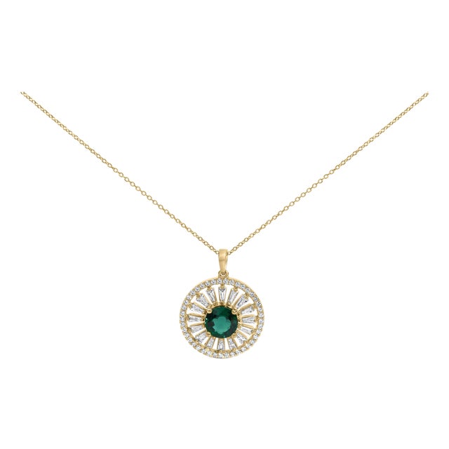 14K Yellow Gold Plated Sterling Silver Lab Grown Emerald and Diamond Sunburst Medallion Pendant Necklace For Sale