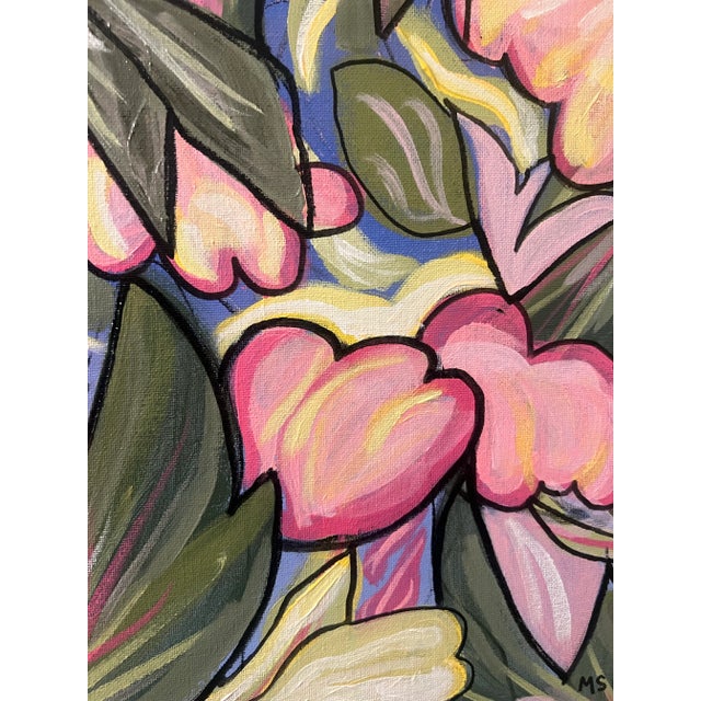 Modern Abstract Floral Acrylic Painting On Canvas Panel, “Love Pink Summer,” Signed, Melinda Best, 2024, Framed In Vintage...