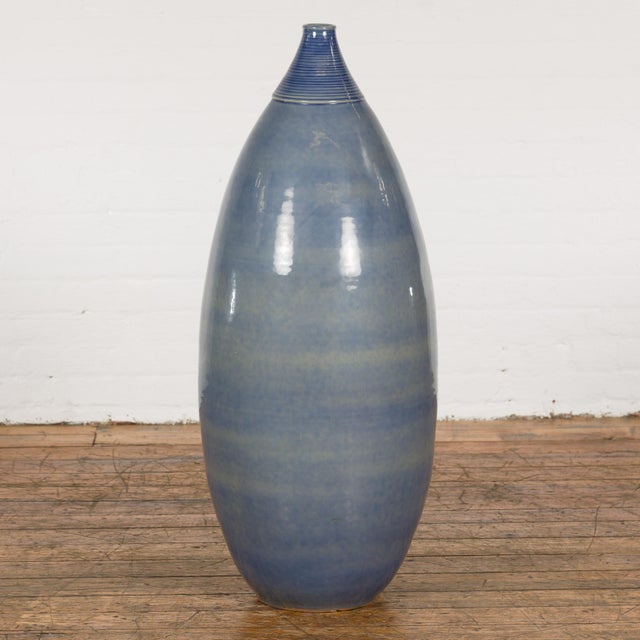 Late 20th Century Artisan Made Prem Collection Tall Blue Glazed Vase with Striated Motifs For Sale - Image 5 of 12