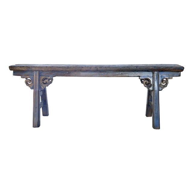 Distressed Brown Light Blue Village Slim Narrow Scroll Apron Wood Bench For Sale