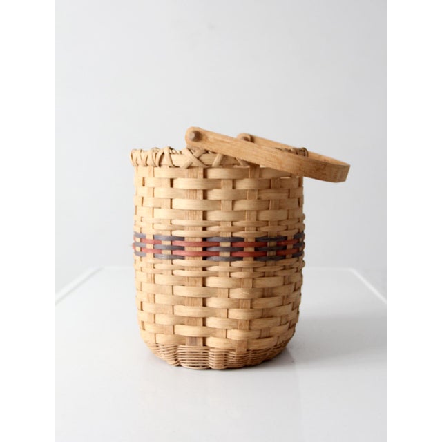 Wood Vintage Woven Splint Basket With Swing Handle For Sale - Image 7 of 13