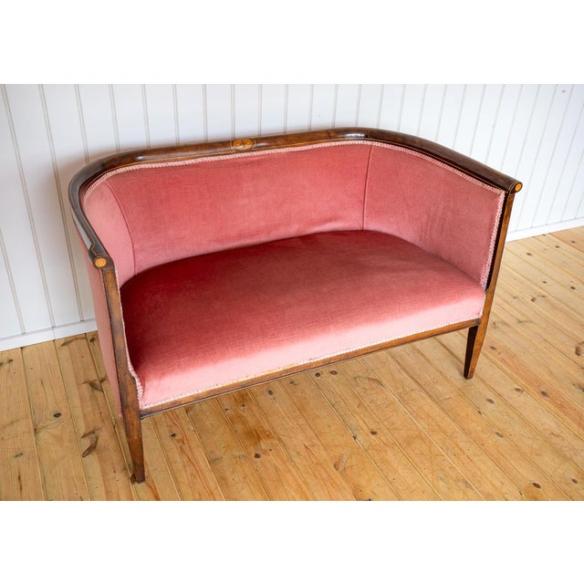 Brown Antique Art Nouveau Edwardian Mahogany Barrel Back 2-Seater Settee Sofa, 1910s For Sale - Image 8 of 18