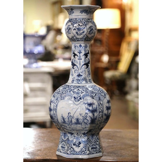 19th Century French Blue and White Delft Faience Vase With Windmill Scenes For Sale - Image 4 of 13