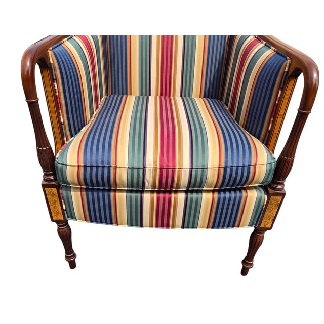 Traditional 1980s Southwood Sheraton Federal Style Upholstered Inlaid Club Chair Armchair For Sale - Image 3 of 14