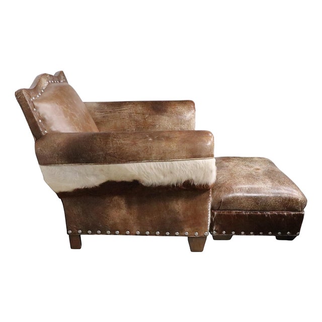 Rustic Old Hickory Hide and Leather Club Chair and Ottoman For Sale