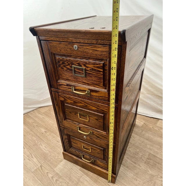 Brown Vintage Tiger Oak File Cabinet Three Locking Drawers Paneled Sides Legal Size For Sale - Image 8 of 11