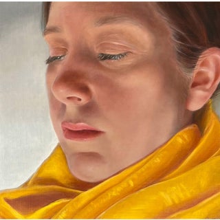 Glow by Amy Gibson | Oil on cradled wood panel Portrait of a woman with closed eyes and yellow scarf For Sale