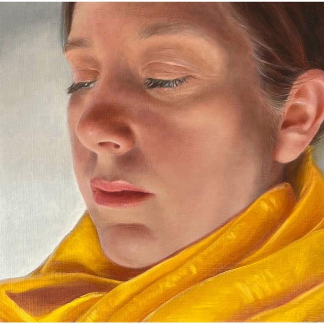 Glow by Amy Gibson | Oil on cradled wood panel Portrait of a woman with closed eyes and yellow scarf For Sale