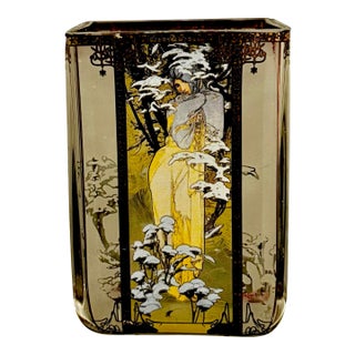 Goebel Artis Orbis Glass Tea Light Candle Jar Featuring the "Winter 1900" by the Renowned Art Nouveau Artist Alphonse Mucha. For Sale