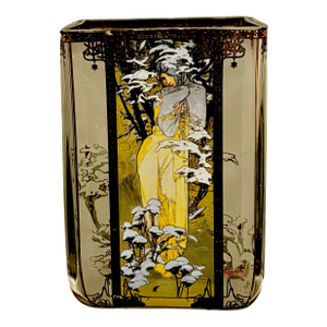 Goebel Artis Orbis Glass Tea Light Candle Jar Featuring the "Winter 1900" by the Renowned Art Nouveau Artist Alphonse Mucha.