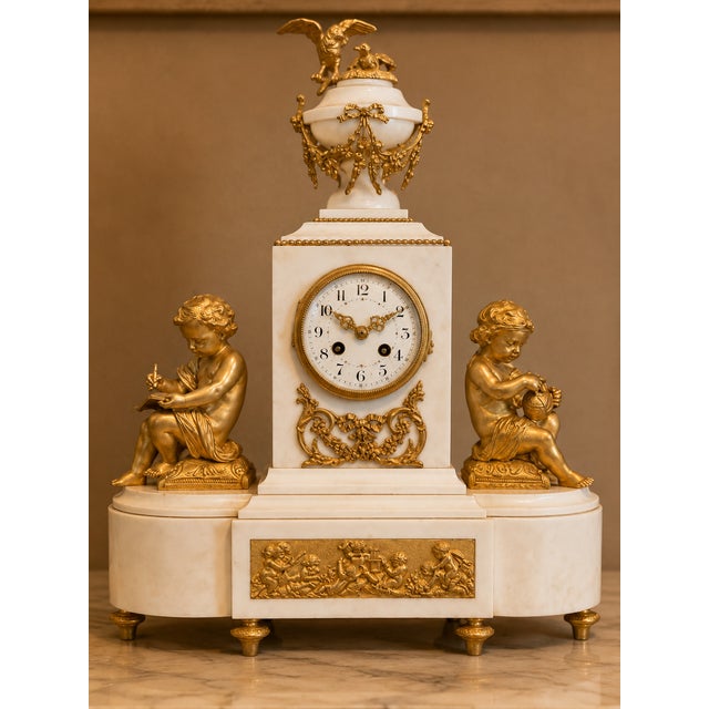 French 1855 Japy Freres Louis XVI Marble Clock Set - 3 Pc For Sale - Image 3 of 18