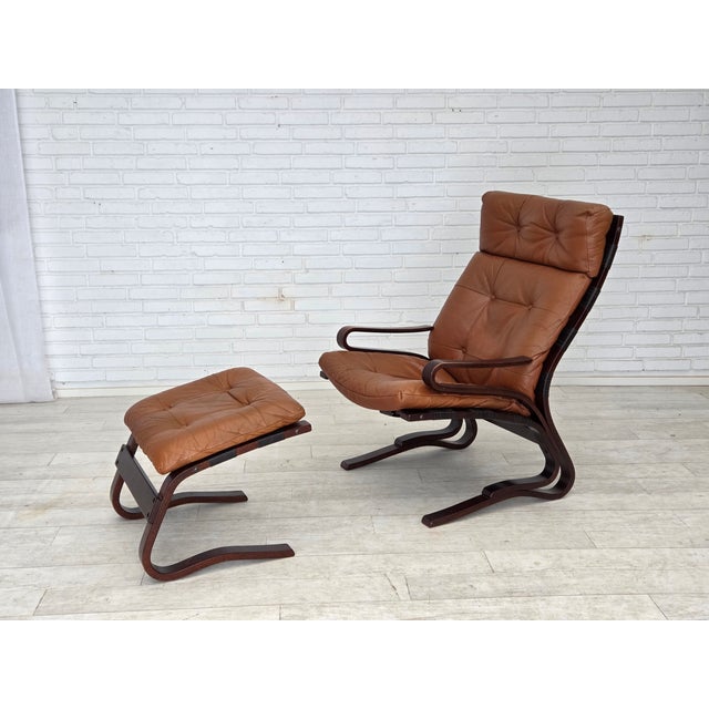 Mid-Century Modern Vintage Norwegian Lounge Chairs with Ottoman by Else & Nordahl Solheim for Rybo Rykken & Co, 1970s, Set of 3 For Sale - Image 3 of 18
