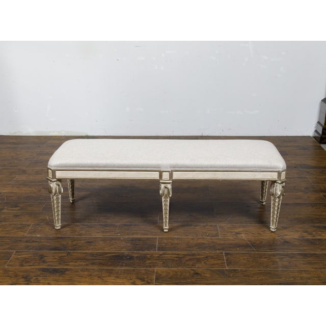 Wood Italian Midcentury Painted Bench with Silver Foliage Carved Legs and Upholstery For Sale - Image 7 of 11