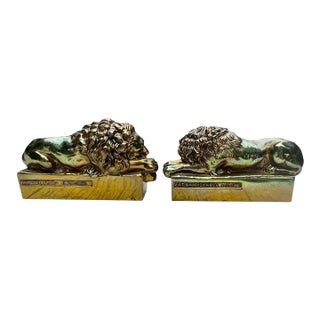 1950s Cast Brass Sleeping Lion Bookends – Antonio Canova Reproduction - A Pair For Sale
