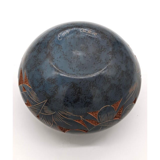 Signed Emir Calero Nicaraguan Pottery Vase, Hand-Carved Fish Design For Sale - Image 10 of 12
