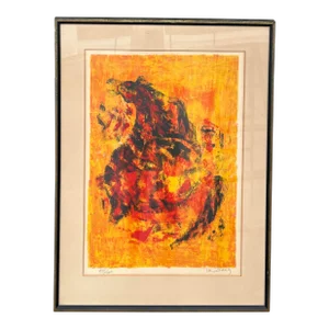 Mid 20th Century Equestrian Horse Abstract Original Print Signed by Lebadang, Framed
