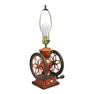 Antique Victorian Enterprise Phila. Red Cast Iron Coffee Mill Grinder Table Lamp For Sale