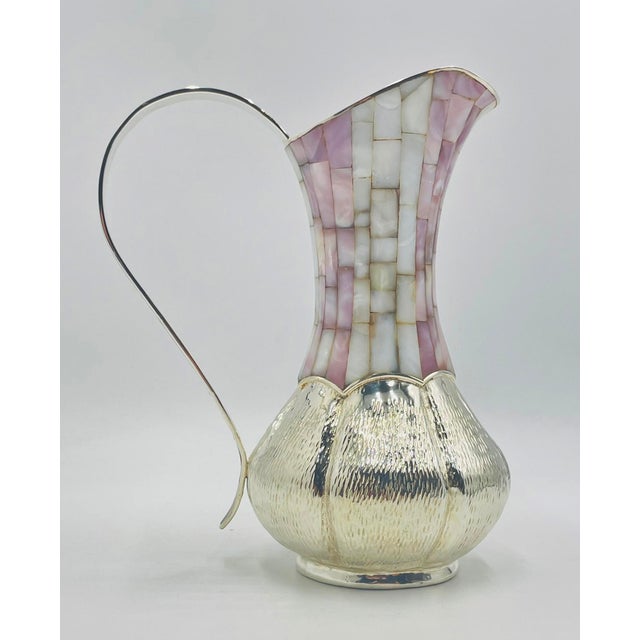 Mexican 1960s Los Castillo Silver-Plated & Mother of Pearl Water Pitcher, Mexican Modernism For Sale - Image 3 of 18