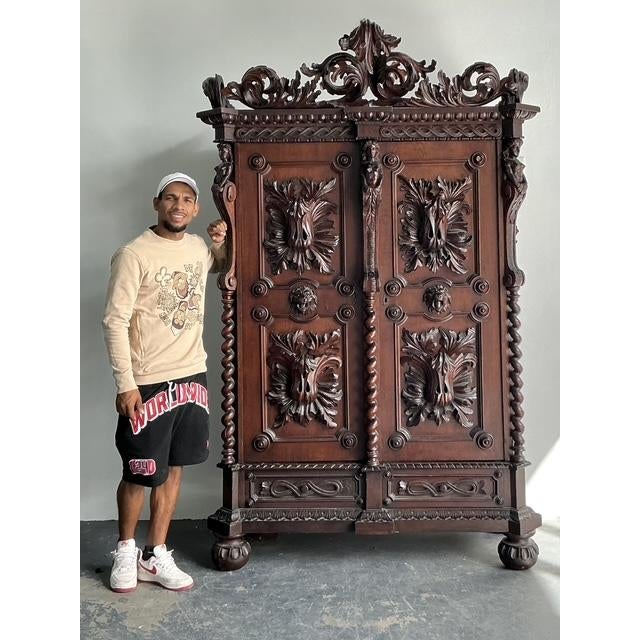 Gothic Vintage Boho Black Forest Carved Oak Armoire For Sale - Image 3 of 14