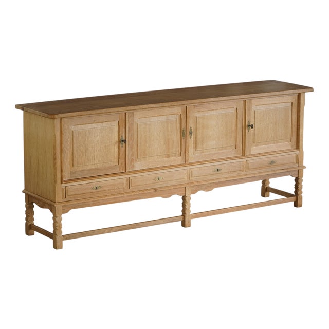 Low Brutalist Sideboard in Oak by Henning Kjærnulf, 1960s For Sale