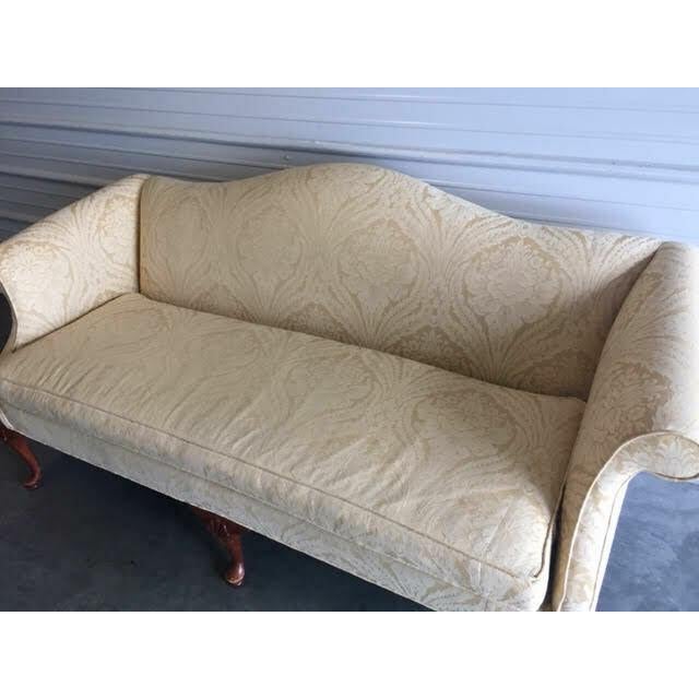 Classic, Vintage Hickory Highland House Yellow Upholstered Chippendale Style Camel Back Sofa. Minimal wear associated with...