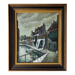 1960’s Frank European Town Landscape Scene Oil on Canvas Painting, Framed For Sale
