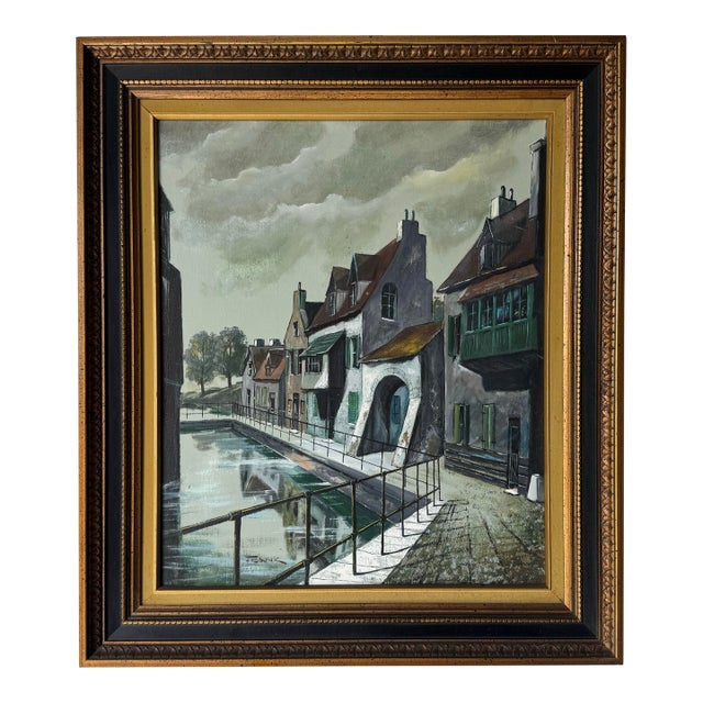 1960’s Frank European Town Landscape Scene Oil on Canvas Painting, Framed For Sale